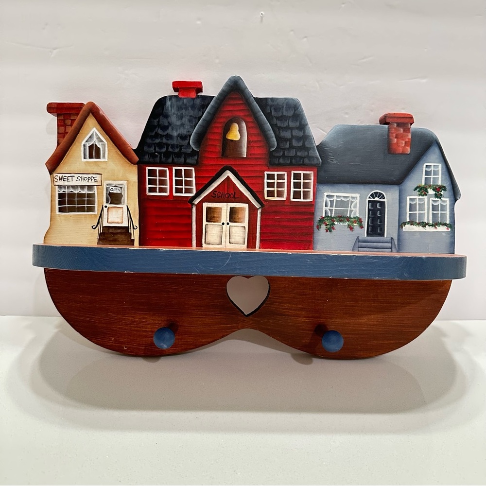 Vintage Cottagecore Village Scene Wooden Wall Shelf‎ Hooks Heart Hand Crafted